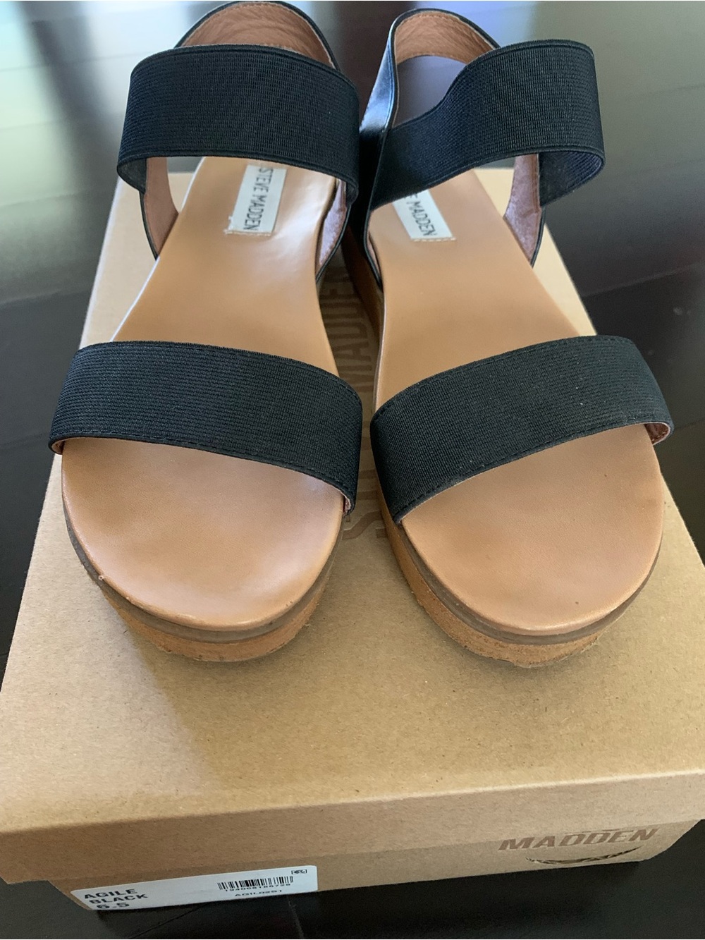 Steve Madden Agile Black Elastic-Strap Tan Platform Wedges